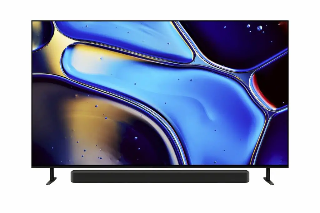 Sony BRAVIA 8 (XR80) mit hochgestellten Standfüßen und Soundbar dazwischen