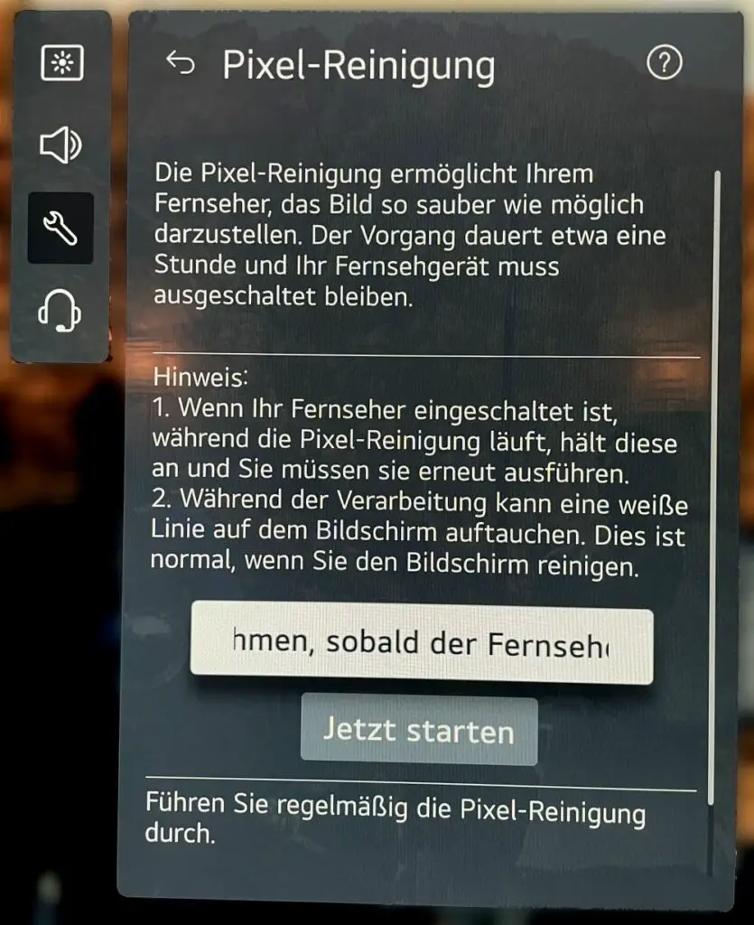 LG OLED Pixel Reinigung Menü Erläuterungen